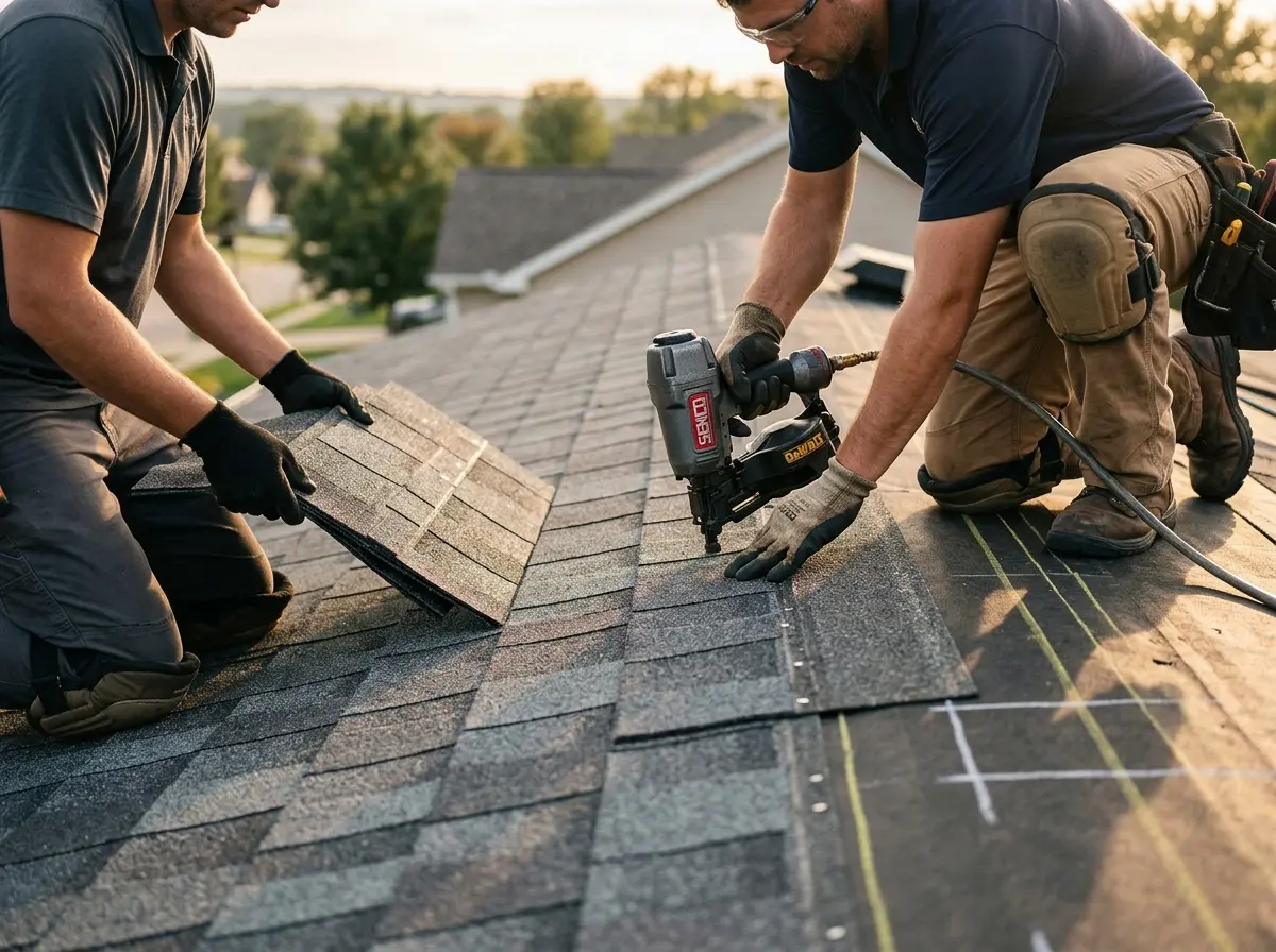 Professional roofer working on a residential roof in Manchester